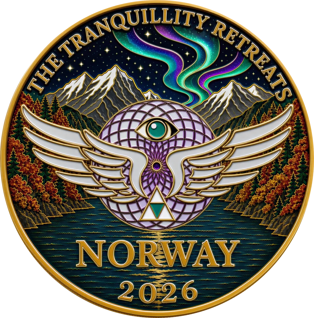 The Norway 2026 pin: a gold-rimmed disc showing aurora ribbons over snow peaks, autumn forest and a fjord, with a winged third-eye emblem at the centre.