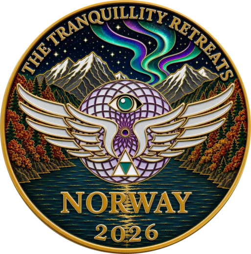 Close view of the Norway 2026 pin: gold rim, aurora ribbons over snow peaks and autumn forest above a fjord, with a winged third-eye emblem at the centre.
